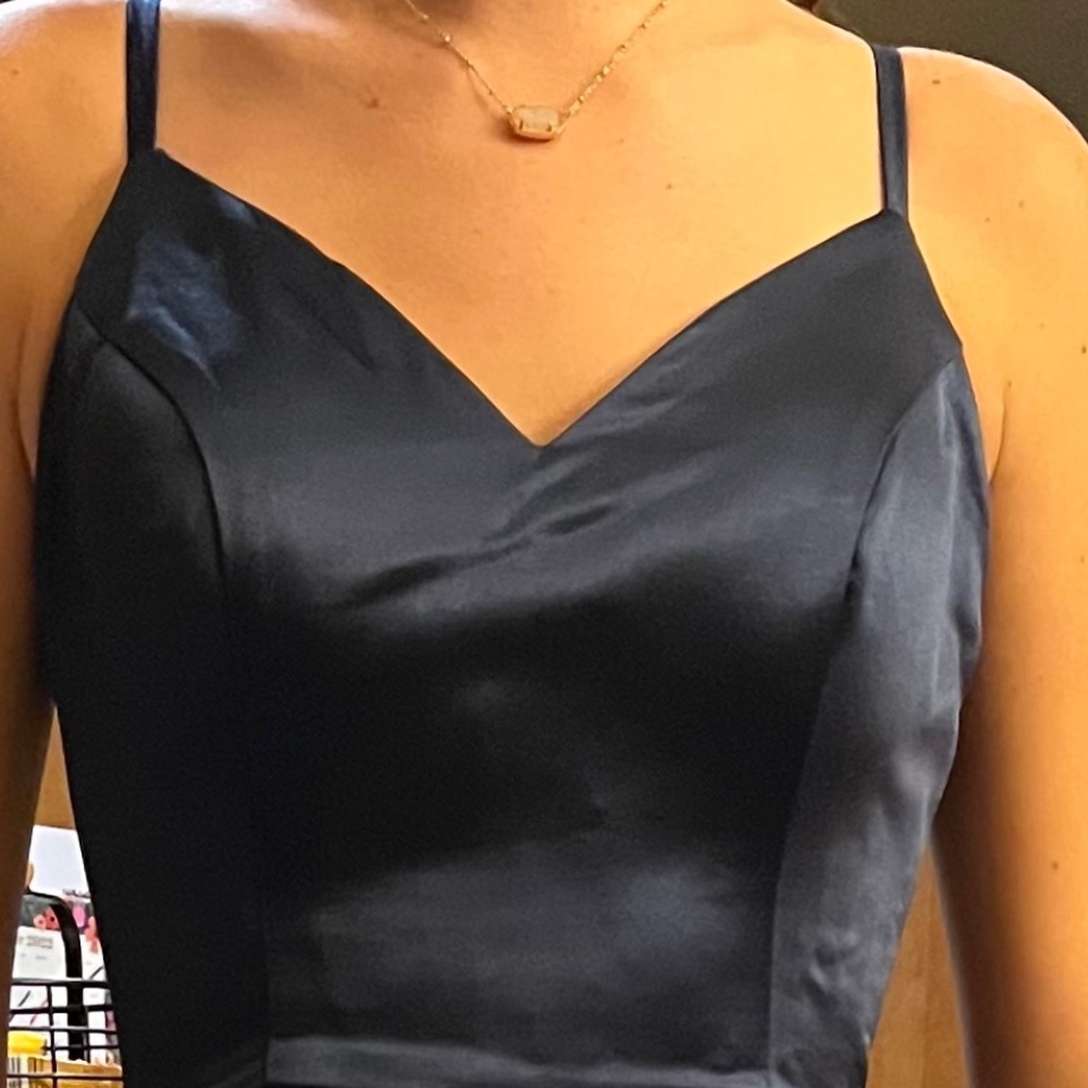 Women's navy blue Spaghetti Strap formal Dress Long with Pockets - Satin